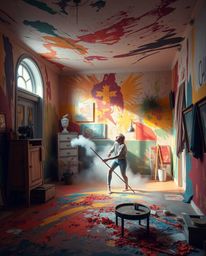 Immerse yourself in a room exploding with vibrant paint, infused with an ethereal and spiritual atmosphere. The warm autumn c