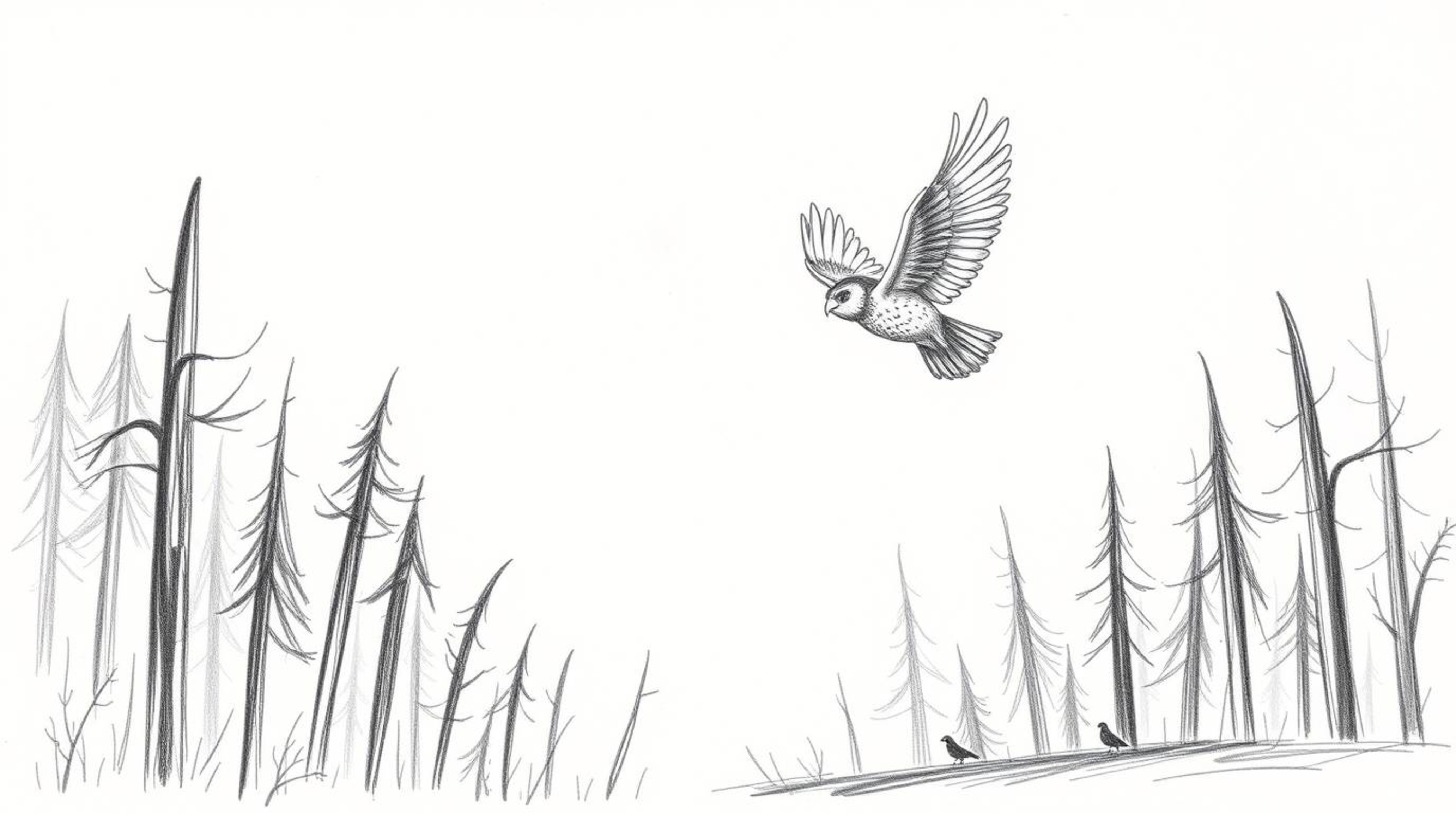 A hand-drawn sketch depicts a blind owl, in the style of Pixar, teaching birds to fly in a cinematic forest training ground.