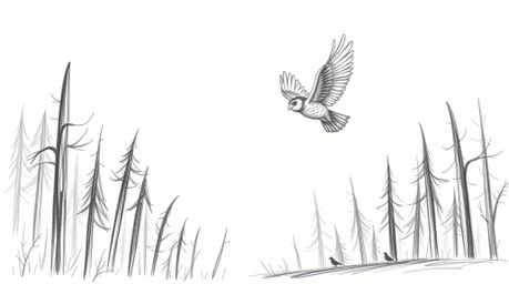A hand-drawn sketch depicts a blind owl, in the style of Pixar, teaching birds to fly in a cinematic forest training ground. 