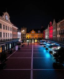 A captivating scene featuring an empty town square, perhaps divided into distinct sections, enhanced with bold areas and stri