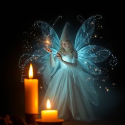 A captivating image portrays a fairy godmother emerging from a swirl of sparkling light, bathed in the warm glow of flickerin
