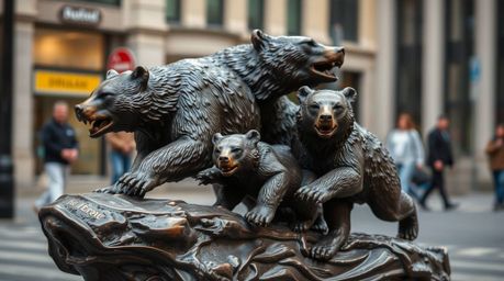 A captivating cast bronze sculpture showcases a bear family embarking on a thrilling urban adventure.  Dynamic poses and blur