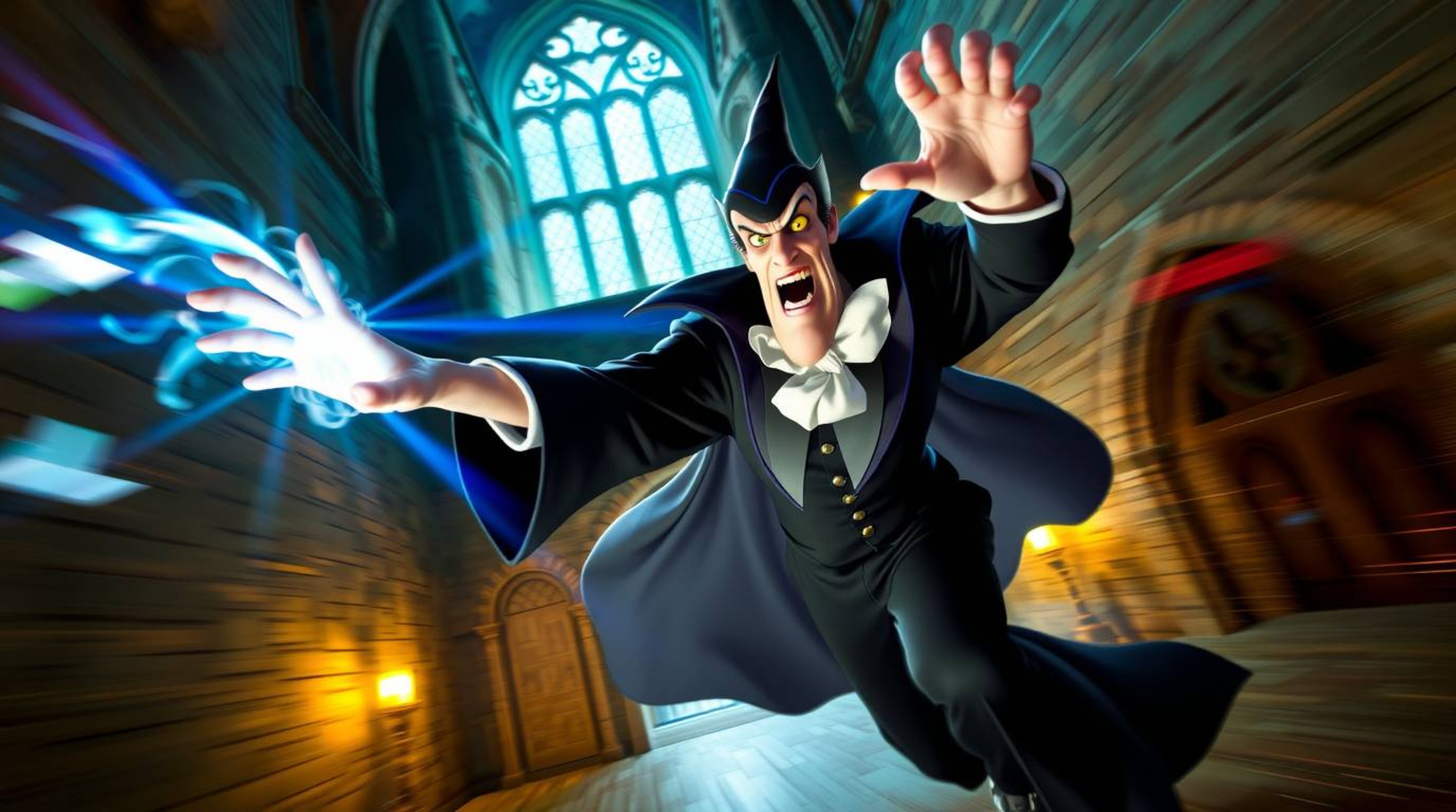 Experience the magic and danger of a classic Disney villain in this dynamic image. The villain is captured mid-spell casting 