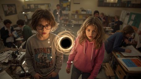 In a cinematic, high-drama photograph with a subtle, Pixar-inspired stylization, two young students in a cluttered science fa