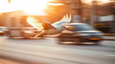Experience the beauty of nature as a graceful, fast-running bird blurs past traffic, bathed in the warm, golden light of eith