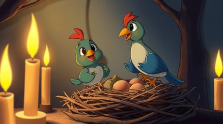 A charming animation depicting two cartoon birds meticulously constructing a nest in a cozy, candlelit setting. The classic a