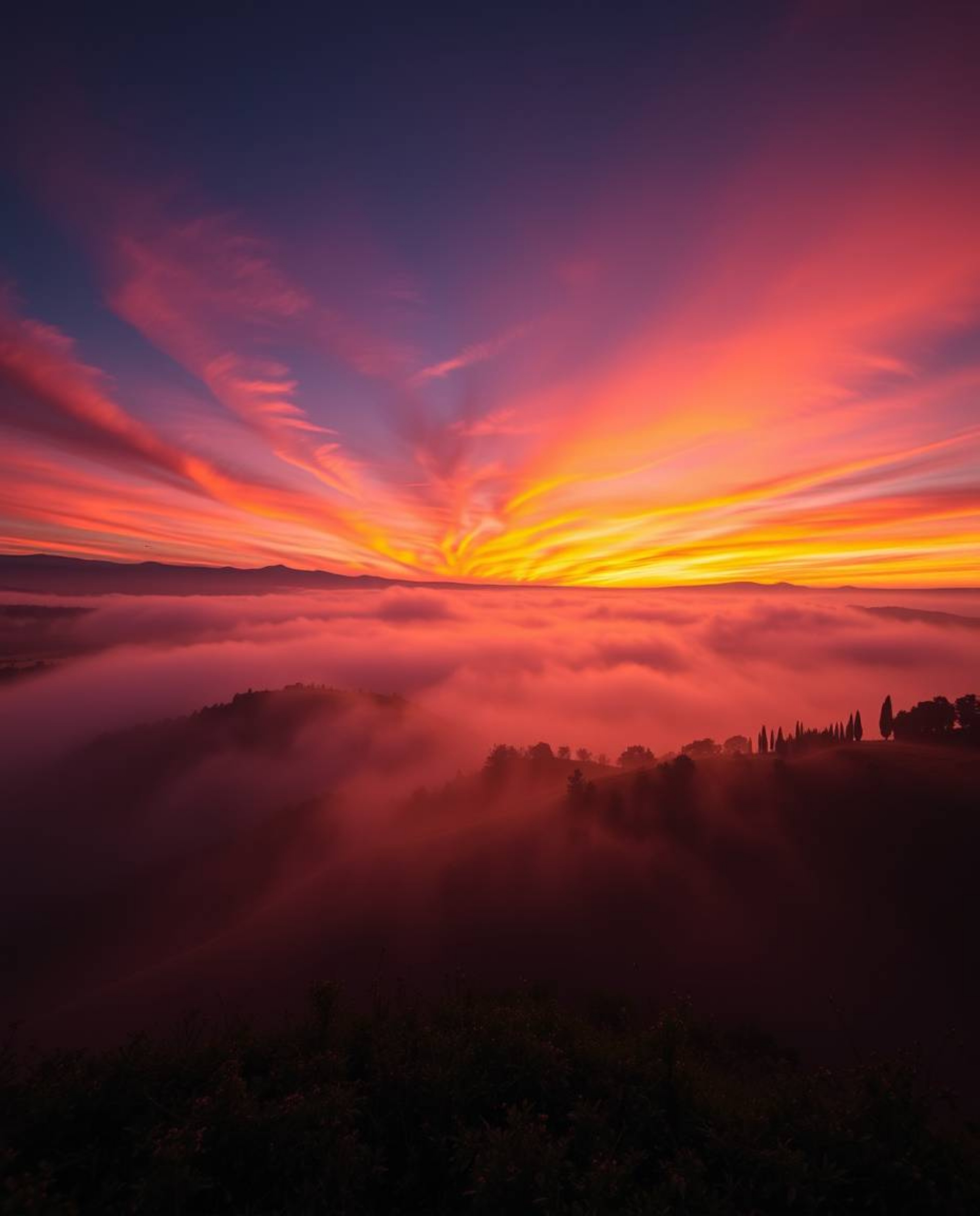 A low-angle shot of a vibrant sunset over misty Tuscan hills, glowing with bioluminescent colors, dramatic natural light, and