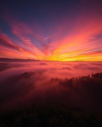 A low-angle shot of a vibrant sunset over misty Tuscan hills, glowing with bioluminescent colors, dramatic natural light, and