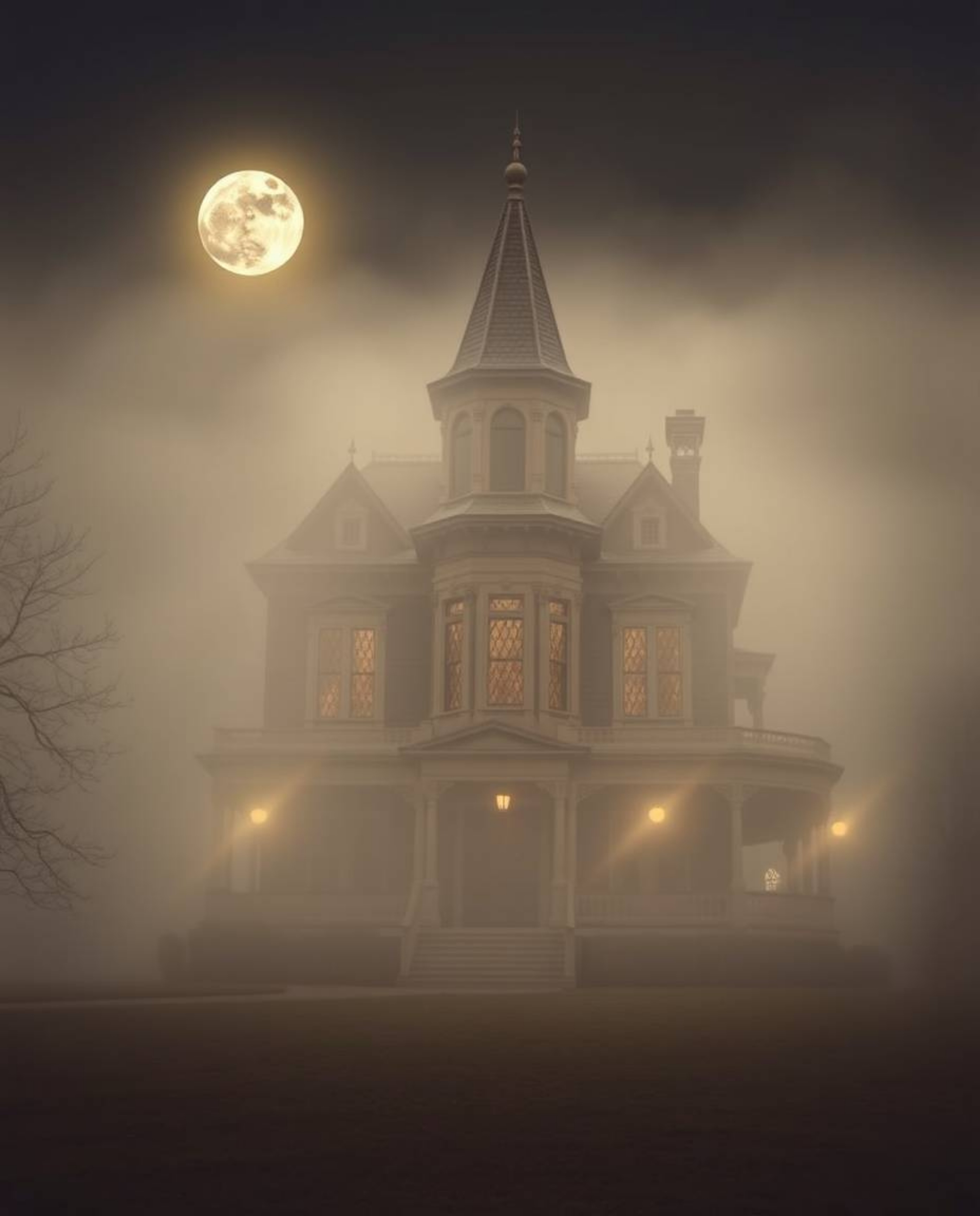 This image depicts a fog-covered Victorian mansion bathed in moonlight, rendered in natural earth tones of browns and beiges.
