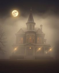 This image depicts a fog-covered Victorian mansion bathed in moonlight, rendered in natural earth tones of browns and beiges.