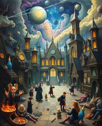 Explore a dreamlike surreal painting depicting a magical school brimming with young wizards. The scene is populated with fant