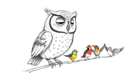 A heartwarming hand-drawn sketch in the style of Pixar depicts a wise, blind owl gently teaching a diverse class of small bir