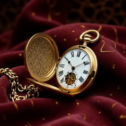 A stunningly ornate golden pocket watch is showcased against a rich, deep burgundy velvet backdrop. The watch lies open, reve