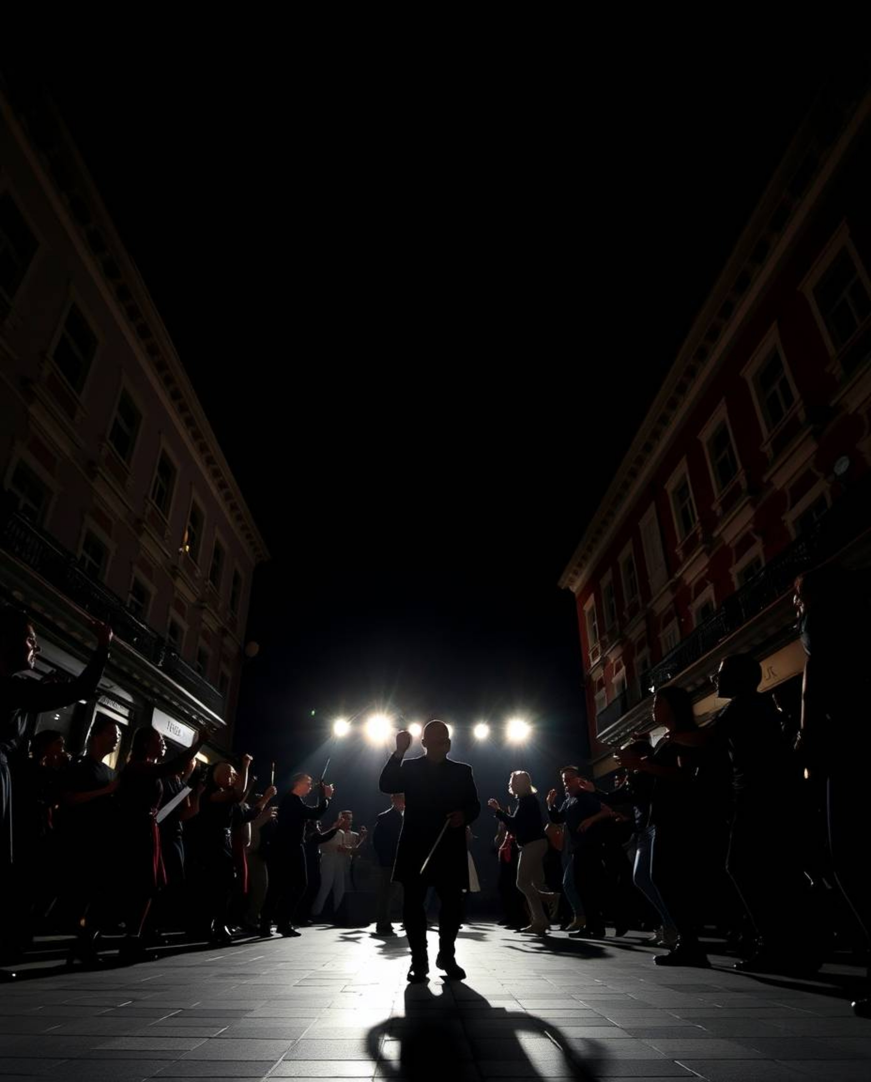 A vibrant musical performance unfolding in a sun-drenched town square, captured from a low angle perspective, is strikingly c