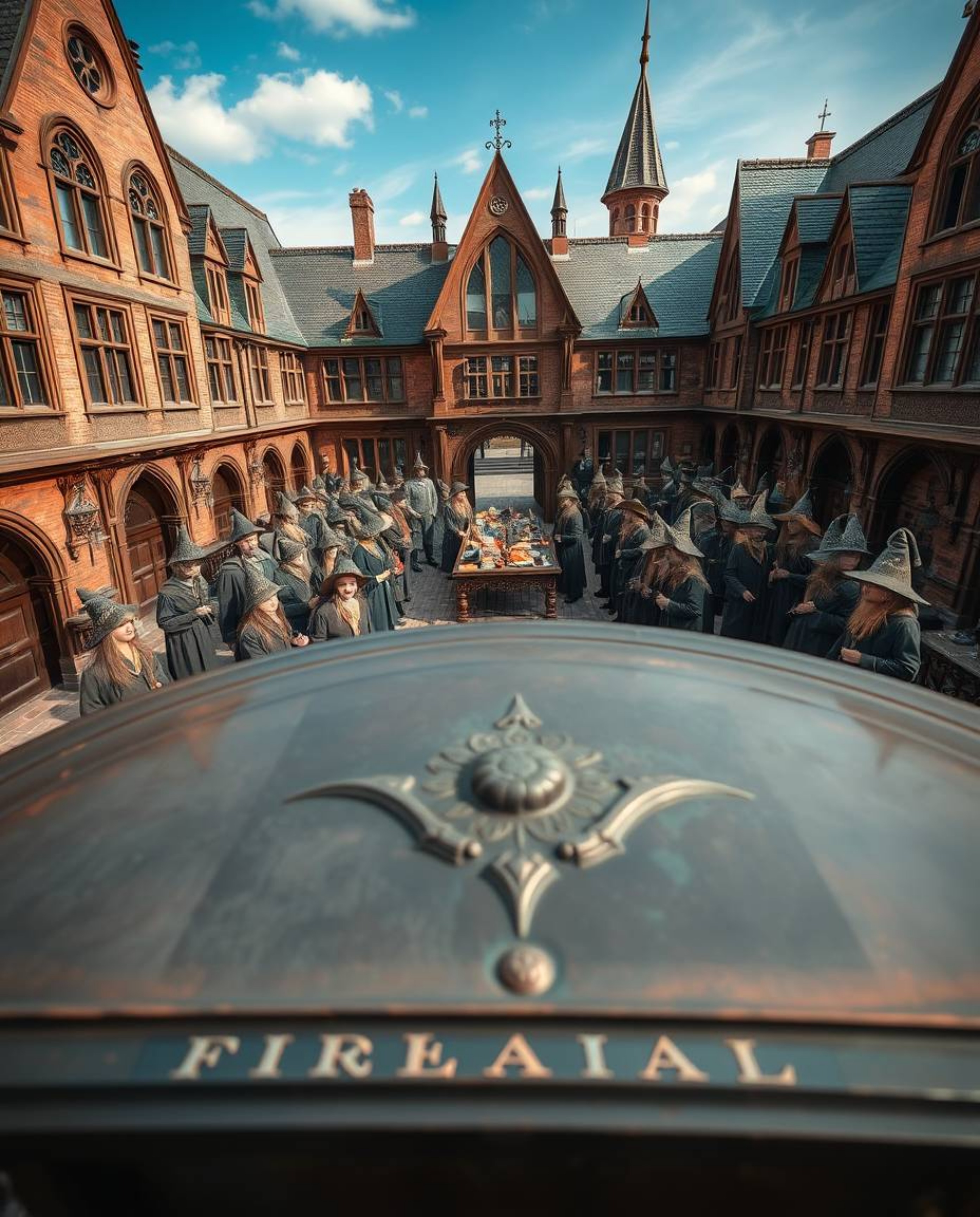 Discover a captivating high-angle photograph depicting a magical school brimming with young wizards.  The image showcases a b