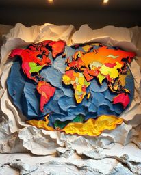 A visually stunning scene unfolds, presenting a colossal world map meticulously sculpted from layered papier-mâché, brought t