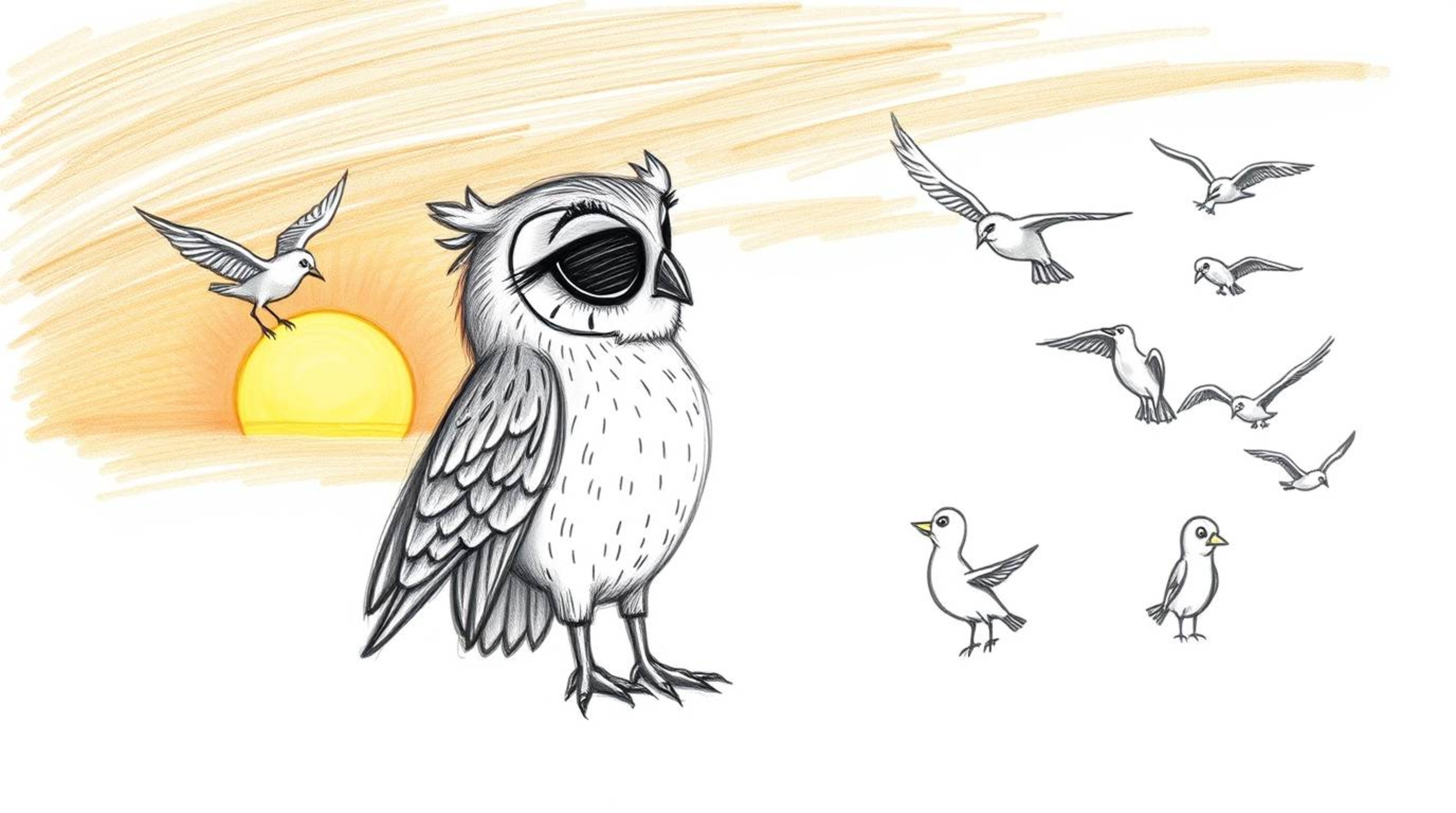 A heartwarming hand-drawn sketch in the style of Pixar depicts a blind owl, with delicate features and soft fur, teaching a l