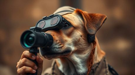 A captivating image featuring a dog detective utilizing high-tech gadgets, rendered with sharp focus against a beautifully so