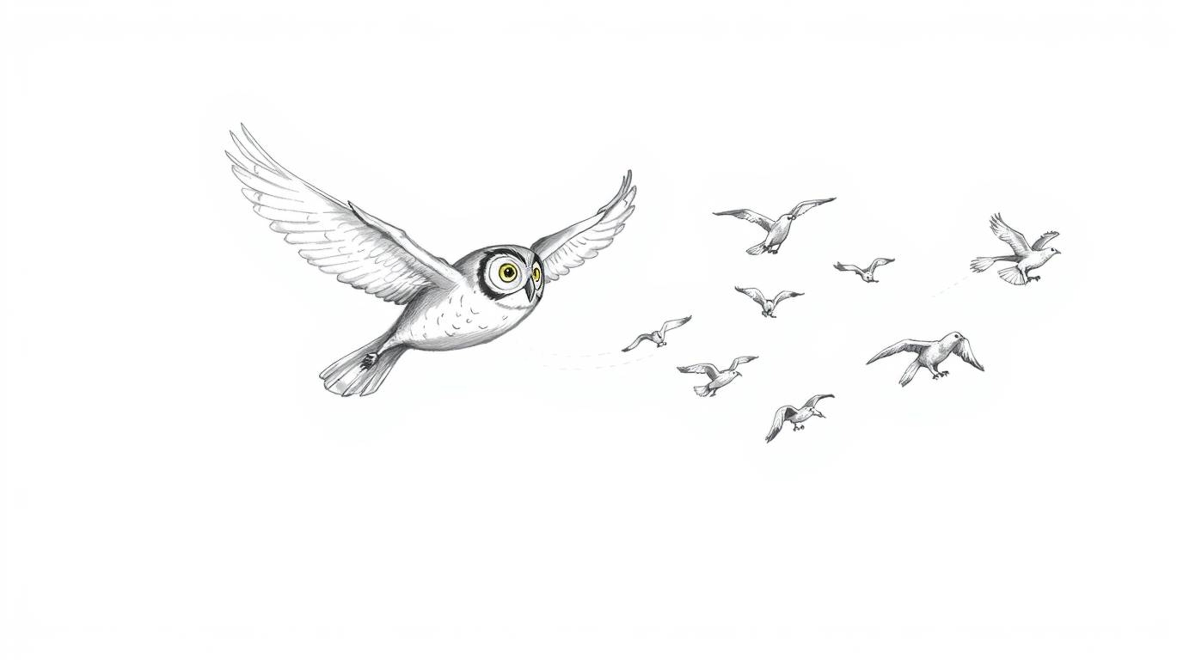 A captivating hand-drawn sketch in the style of Pixar, featuring a blind owl in mid-flight, gracefully teaching a flock of bi