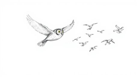 A captivating hand-drawn sketch in the style of Pixar, featuring a blind owl in mid-flight, gracefully teaching a flock of bi