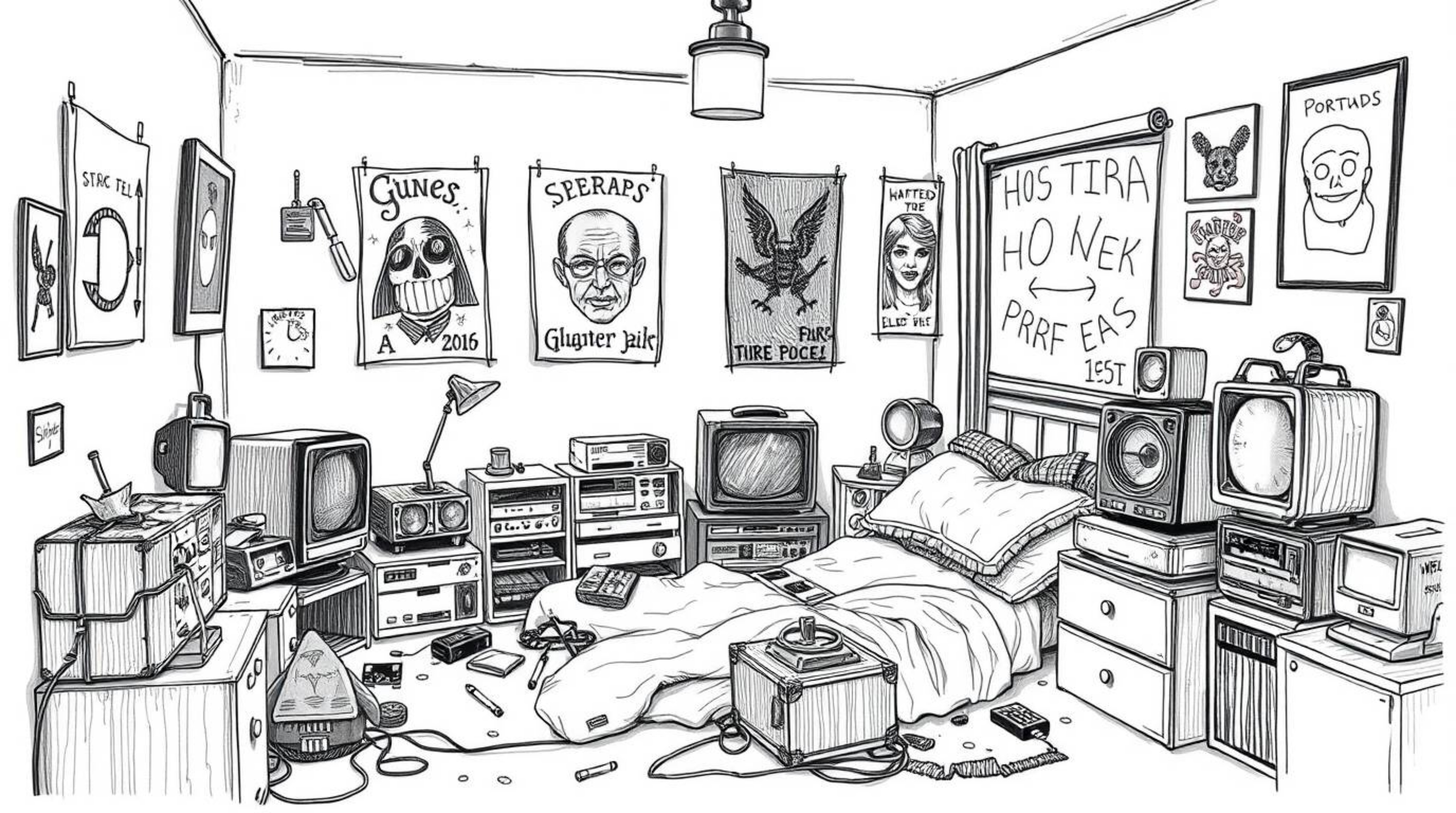 Explore a hand-drawn, dreamy bedroom scene filled with weird gadgets and posters. Rendered in a soft, hazy style with rough l