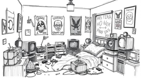 Explore a hand-drawn, dreamy bedroom scene filled with weird gadgets and posters. Rendered in a soft, hazy style with rough l