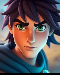 A brave Disney-style hero embarks on a thrilling desert adventure.  This cinematic close-up showcases intricate details, bath
