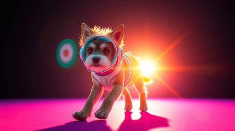 A futuristic dog, rendered in vibrant and contrasting colors, takes a solo stroll through the vast expanse of space.  The sce
