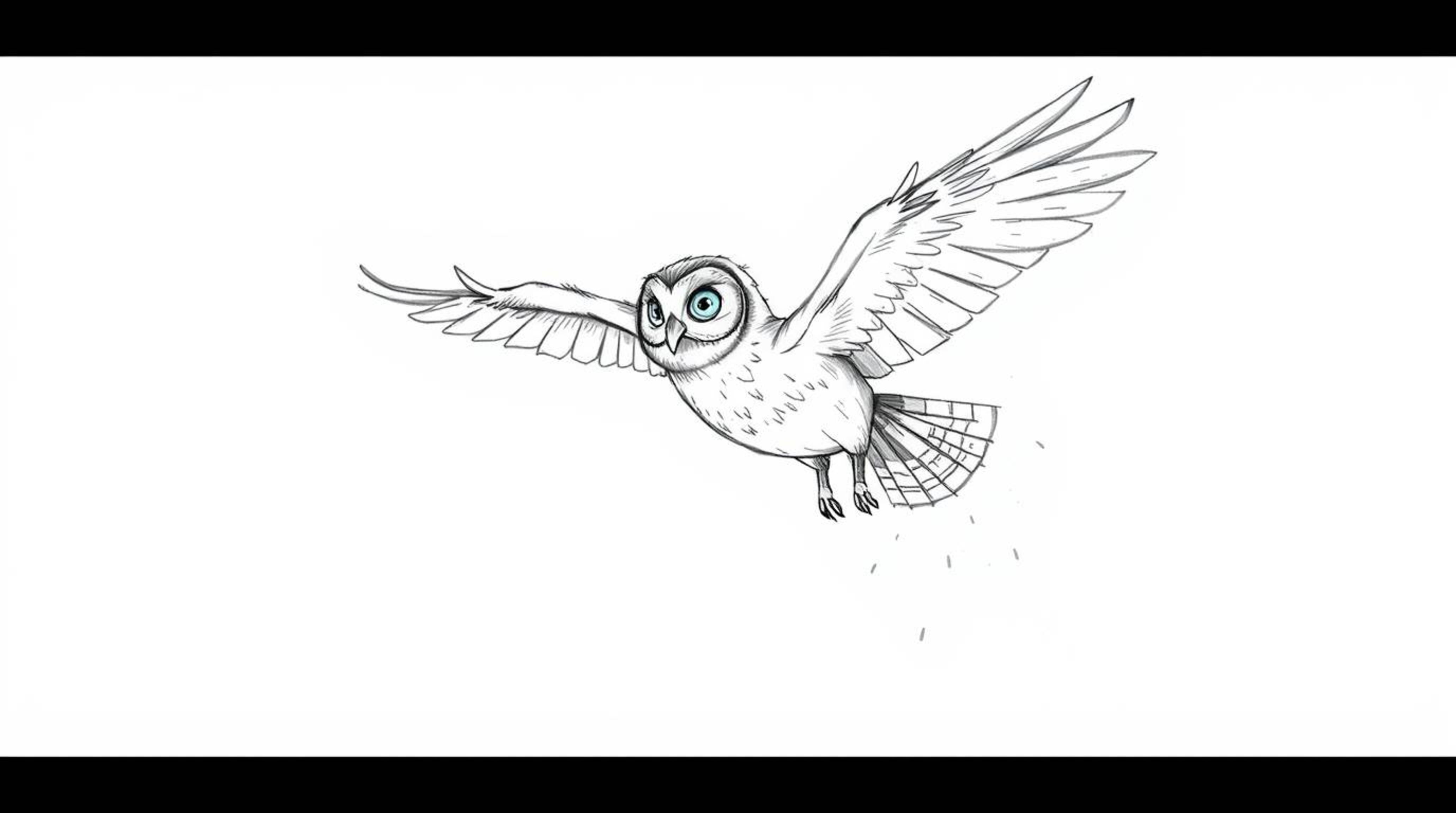 A heartwarming image of a blind owl, rendered in the charming style of Pixar, captured mid-flight while instructing other bir
