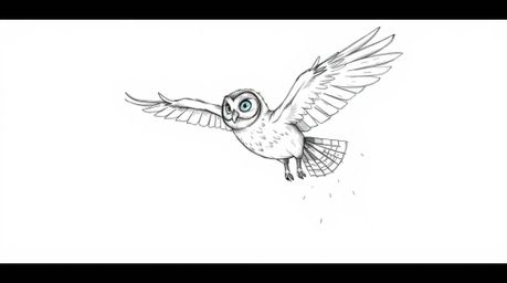A heartwarming image of a blind owl, rendered in the charming style of Pixar, captured mid-flight while instructing other bir
