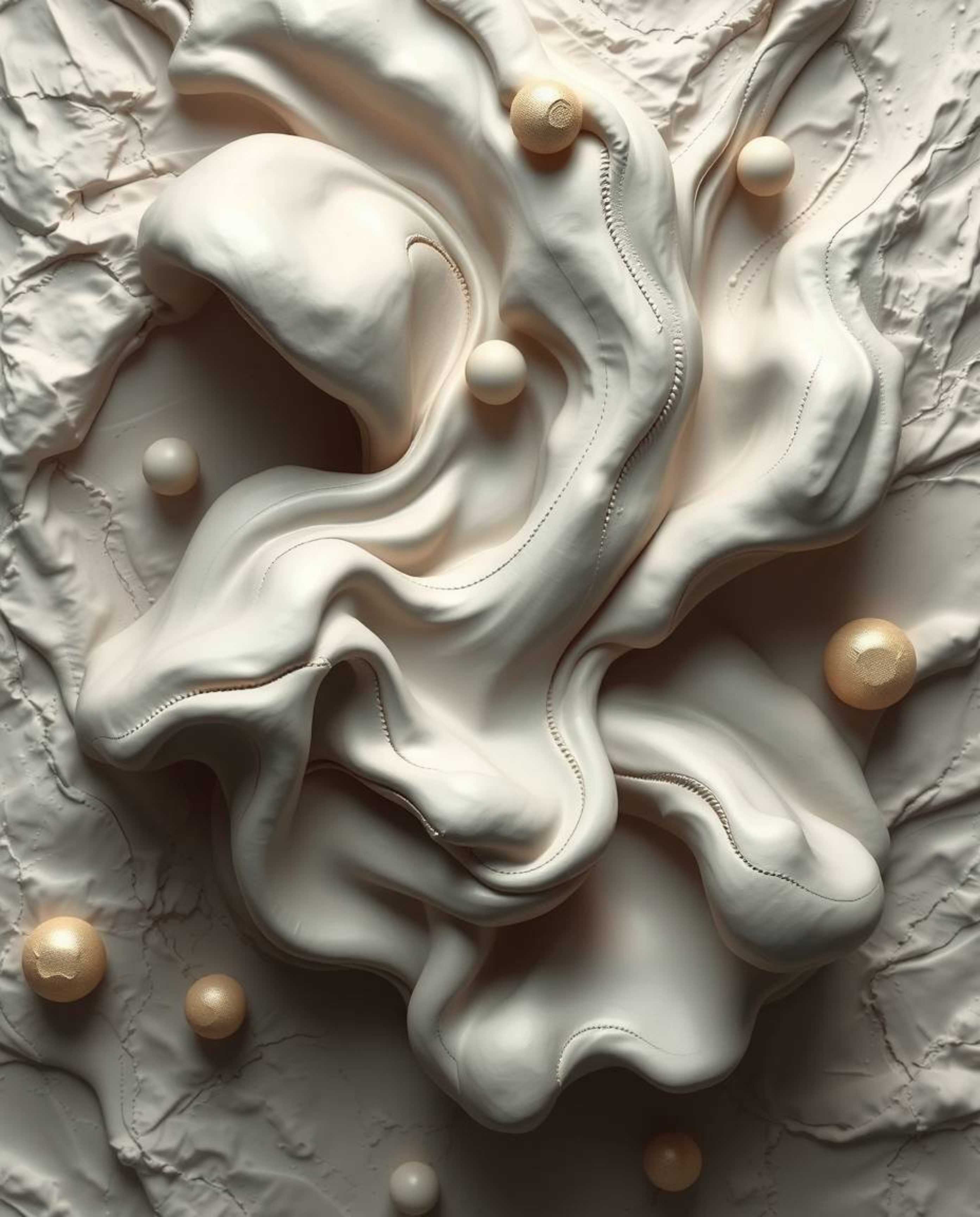 Explore captivating sculptural clay art from a bird's eye view, showcasing smooth, 3D fluid shapes adorned with metallic text