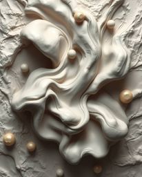 Explore captivating sculptural clay art from a bird's eye view, showcasing smooth, 3D fluid shapes adorned with metallic text