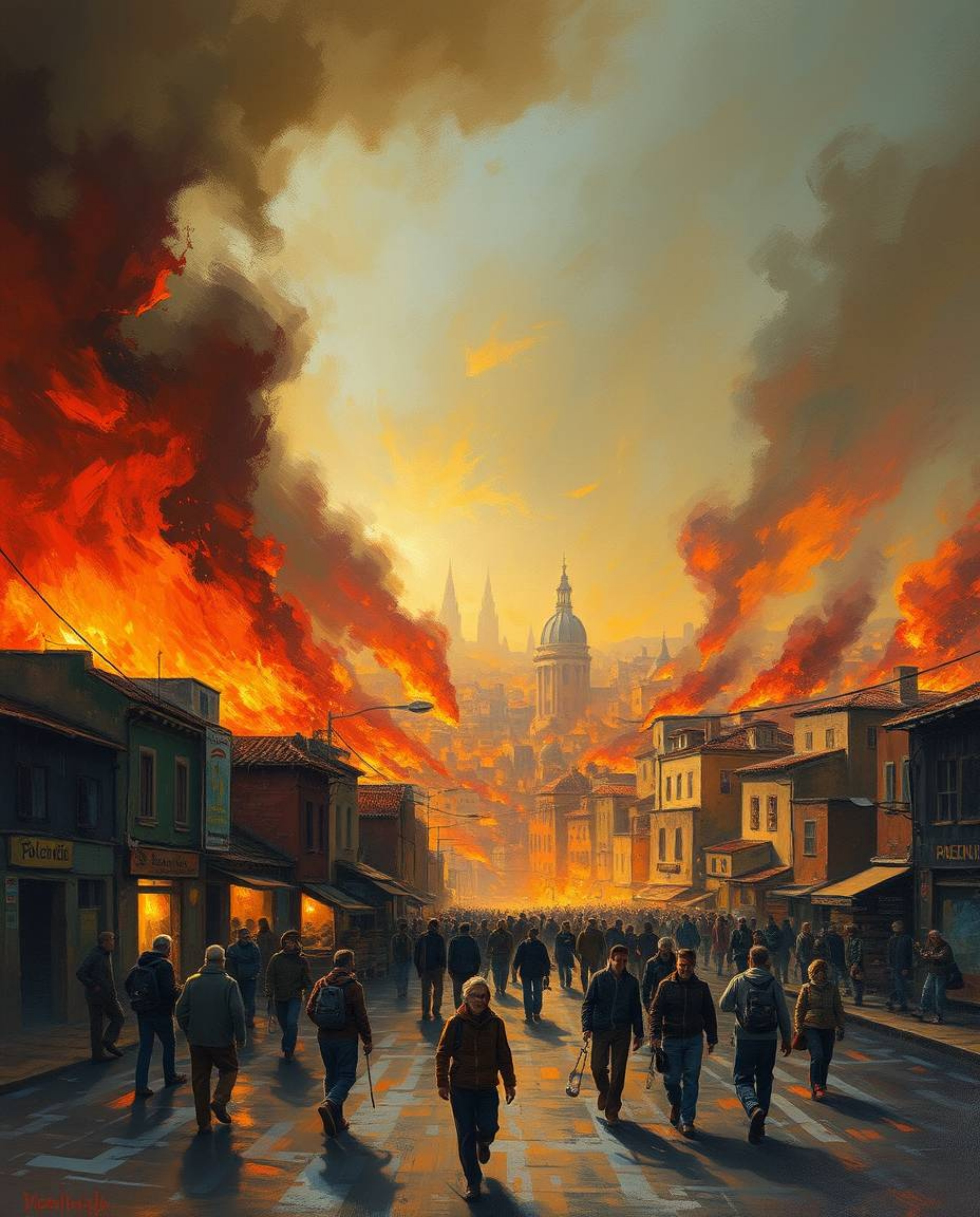 A dramatic and captivating oil painting depicts a city consumed by flames, with people desperately fleeing in all directions.