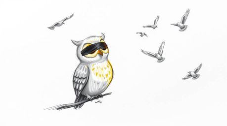 A heartwarming hand-drawn sketch in Pixar style depicts a wise, blind owl with radiant, sunlit feathers patiently teaching a 