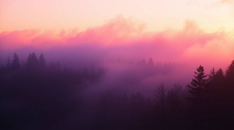 Capture the ethereal beauty of a forest at golden hour with rising mist, deep ultraviolet hues, and a mystical feeling. This 