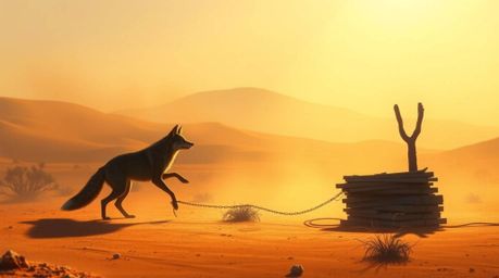A digital painting showcasing a coyote in the desert meticulously setting up a preposterously elaborate trap. The artwork fea