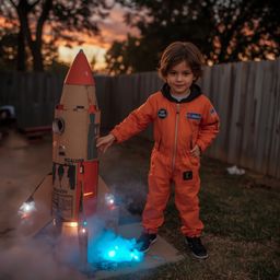 Capturing the essence of childhood wonder, this exquisite high-fashion photograph portrays a young boy with messy brown hair 