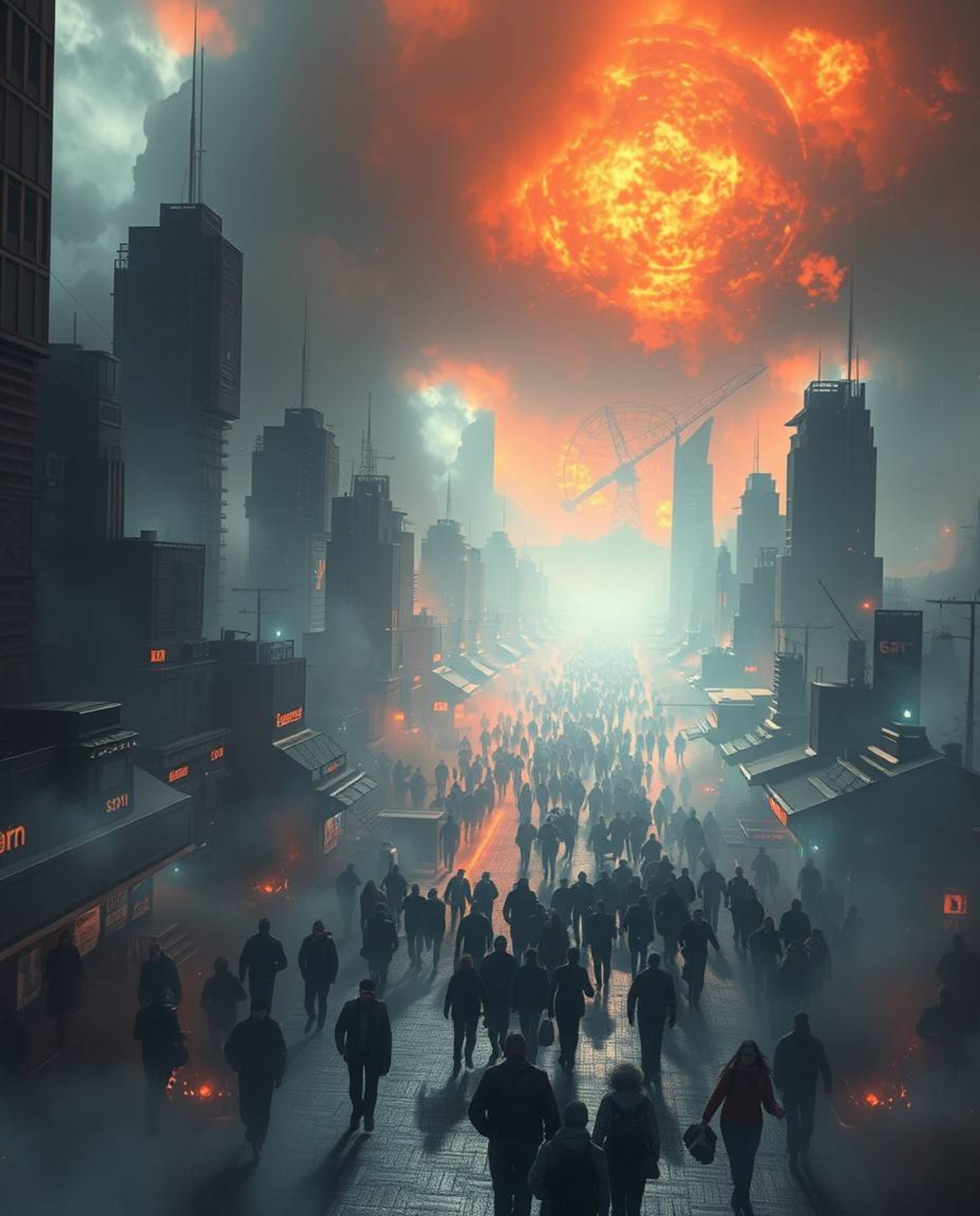 Witness a sprawling futuristic city consumed by flames, as people flee in a chaotic ballet. The scene, bathed in the epic len