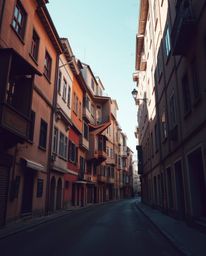 Experience a captivating surreal street scene featuring folding and twisting buildings bathed in strong, hard light.  The dra