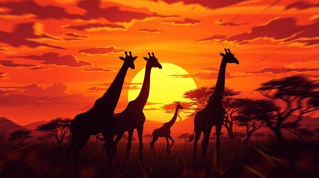 A dynamic anime-style illustration depicting a vibrant sunset over the African savanna, featuring silhouetted giraffes in exp