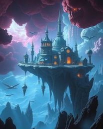Explore a realm of dreamlike surreal imagery featuring a floating island with strange architecture, bathed in intense dramati