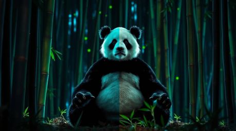 Immerse yourself in the serene world of a martial artist panda meditating deeply within a lush bamboo forest. This artwork fe