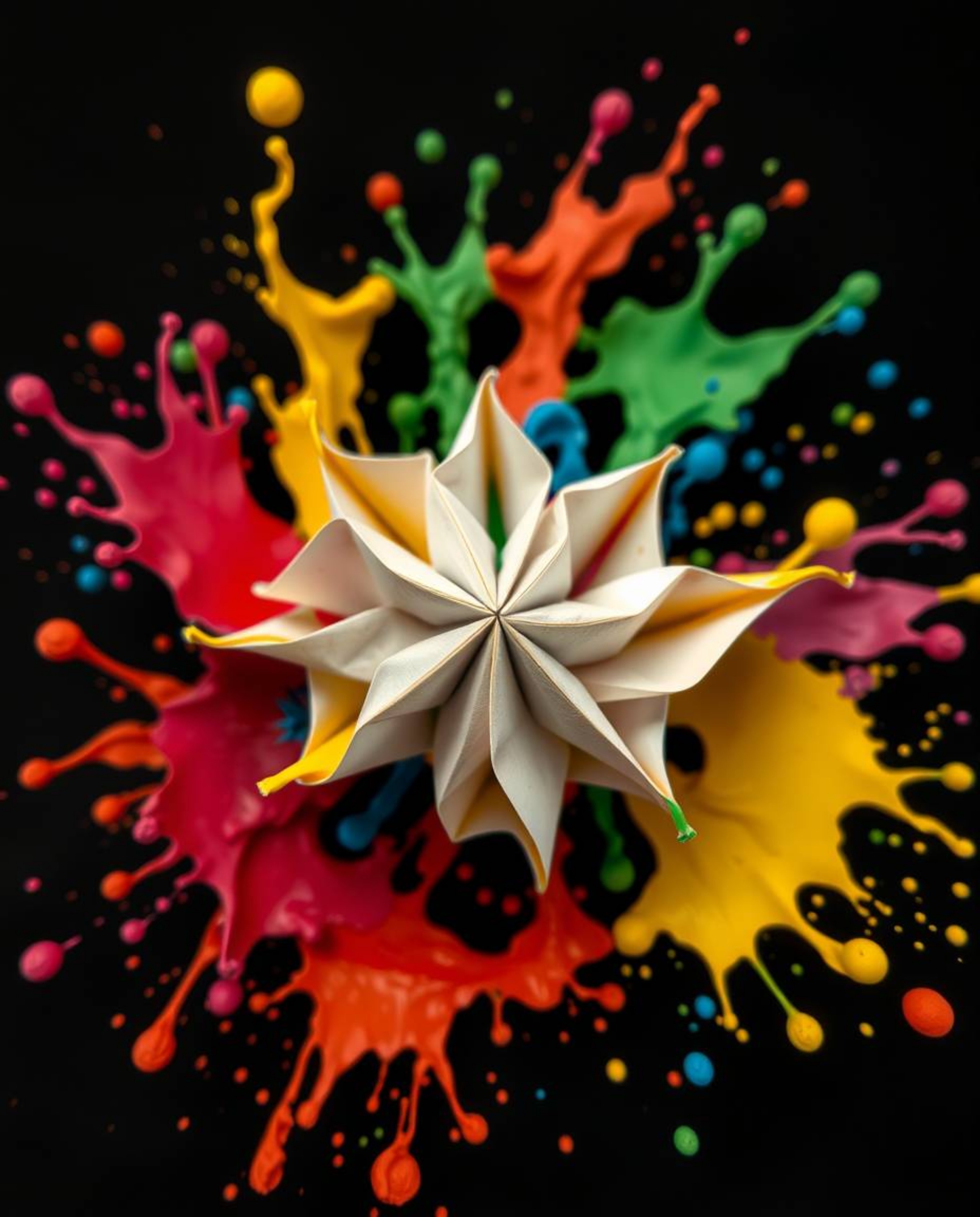 Explore the mesmerizing world of extreme macro photography with this intricate origami-style design. Dynamic colorful splashe