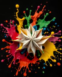 Explore the mesmerizing world of extreme macro photography with this intricate origami-style design. Dynamic colorful splashe