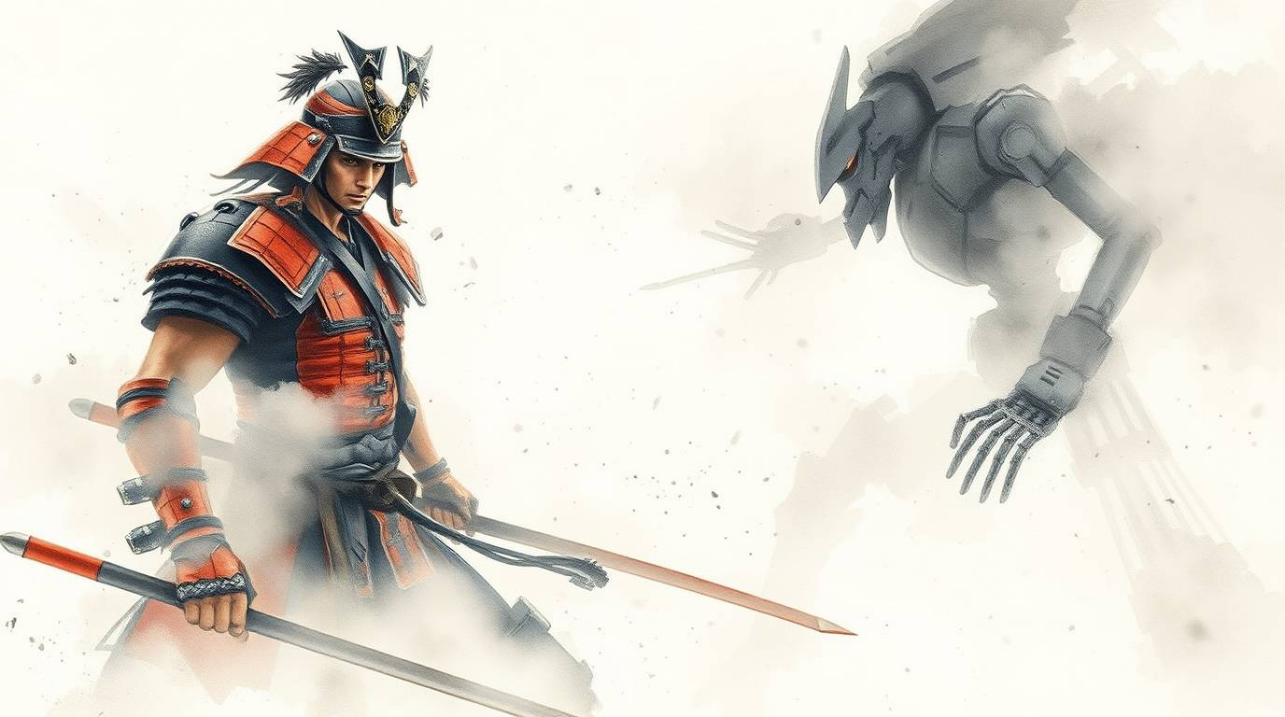 A captivating watercolor painting depicts a fierce battle between a determined samurai and a metallic robot within a thick, t