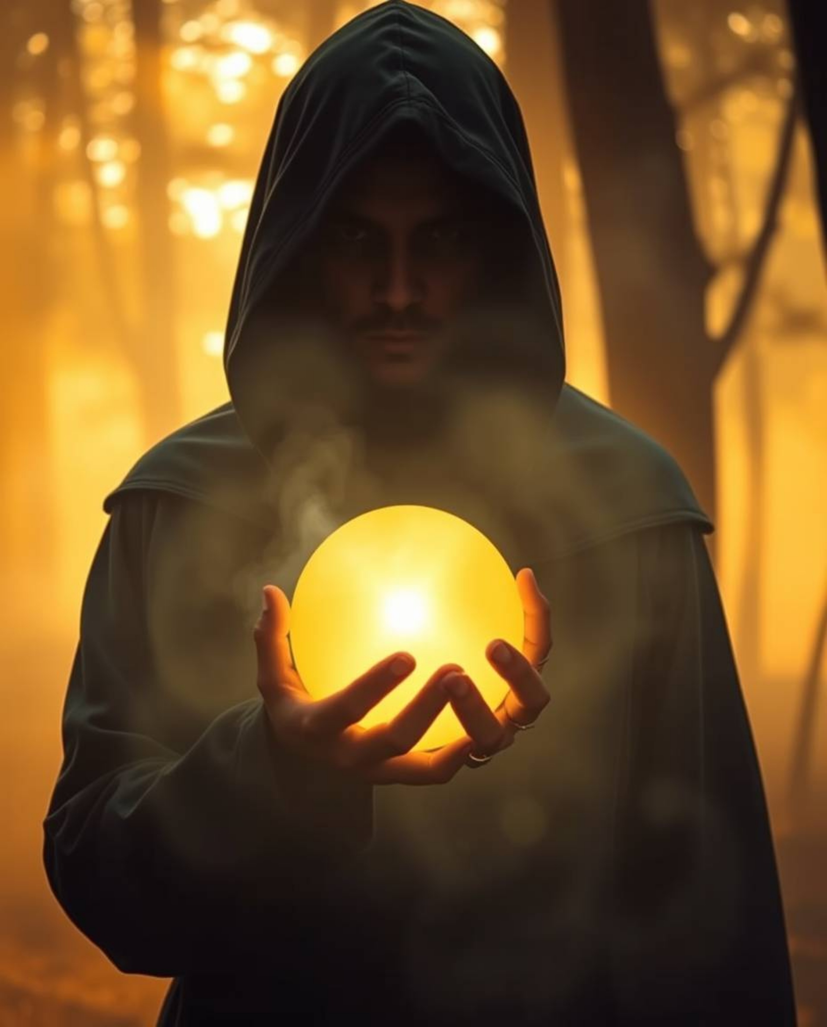 A cloaked figure, their features hidden in the mist, stands in a warm golden-lit forest holding a radiant golden orb. The orb