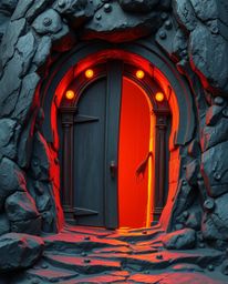 A captivating image depicting an ancient doorway, adorned with glowing runes, embedded deep within the side of a mountain. Cr