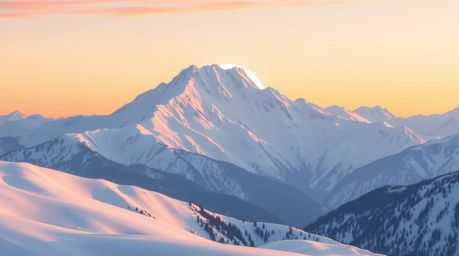 Experience the serene beauty of a modern flat design featuring snow-covered mountains bathed in the soft glow of a pastel sun