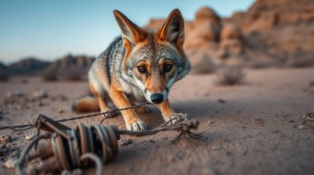 This image features a tight close-up, long exposure shot of a coyote setting a ridiculous trap in the desert. Detailed focus 
