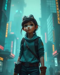A young, imaginative inventor girl thrives in a hazy, soft-lit futuristic city.  This dreamy, Pixar-like scene is rich with d